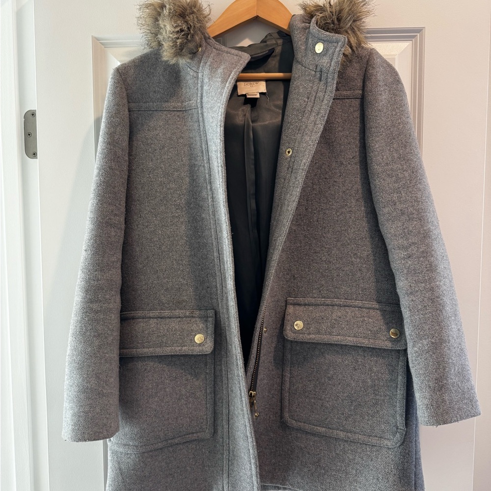 Gray Hooded Coat with Faux Fur Trim